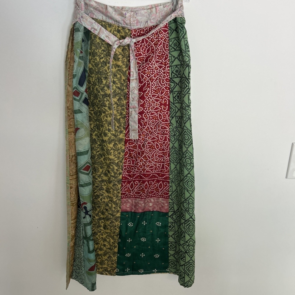 Silk Long Wraparound Skirt Made In India One-Size-Fits-All Floral Boho Patchwork